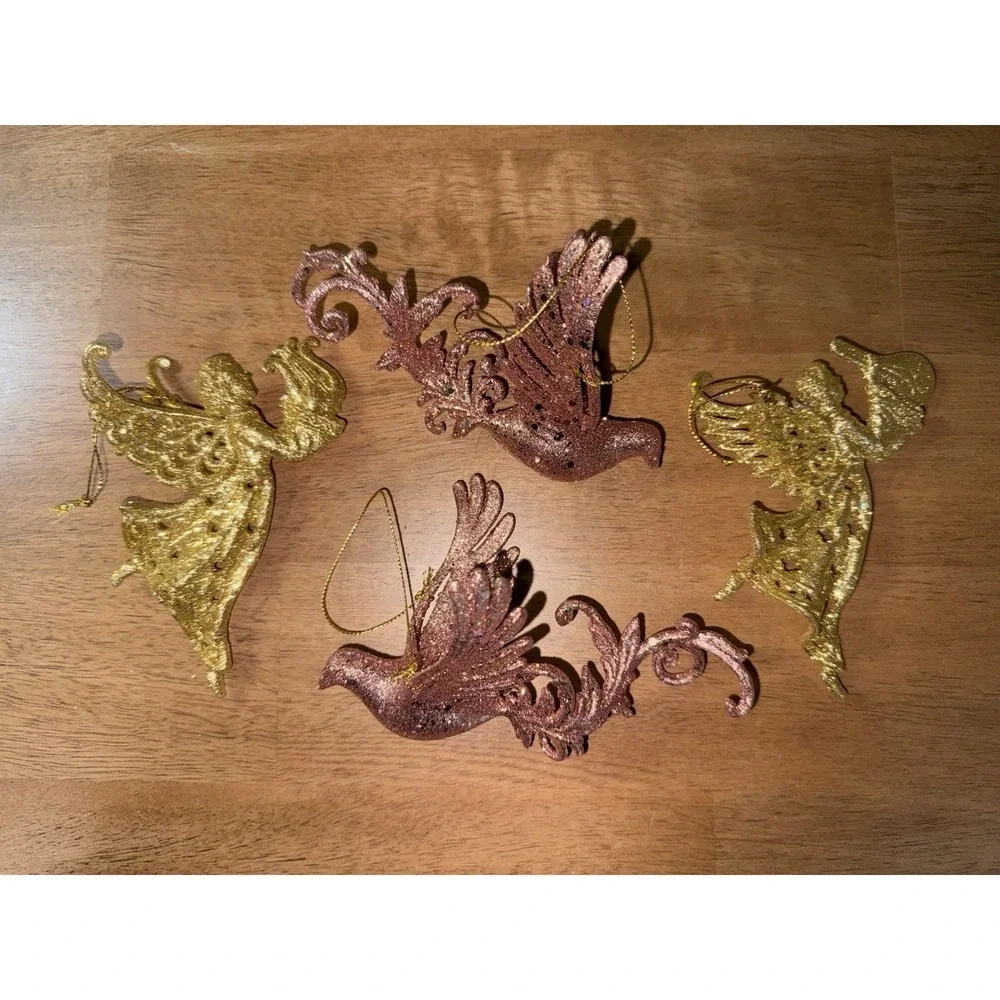 5pc Christmas Ornament Set Gold Angels Rose Gold Birds White Snowflake Glitter